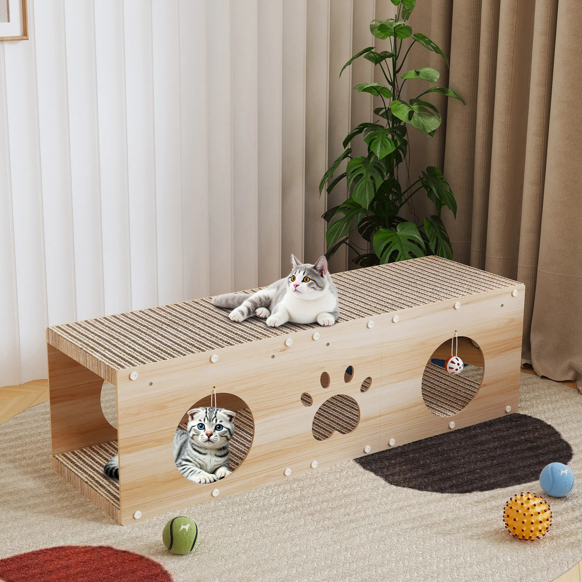 Summer Vibes IRONCK 39" Durable Wood Multi-Use Cat House - 2-in-1 Indoor Pet Furniture with Scratcher Board, Vertical Scratcher, Ball Toy, Pre-Cut Panels & Large Space for Play & Rest (Kitten Bed & Playhouse) Scratching Posts