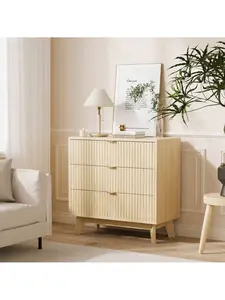Natural Oak Fluted Nightstand with Drawers - 3 Large Storage Drawers, Metal Handles, Modern Wood Table, Bedside Cabinet, for Bedroom, Living Room, Nightstands With Drawer