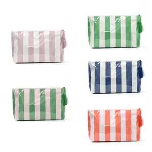 Vertical Stripes Polyester Travel Cosmetic Bag - Handheld Makeup Pouch with Zip Closure, High-Capacity Cosmetics Organizer for Travel, Portable Commuting Storage