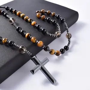 1pc Natural Stone Tiger Eye Round Beads Long Chain Necklace, Hematite Cross Rosary Beads Jewelry For Men