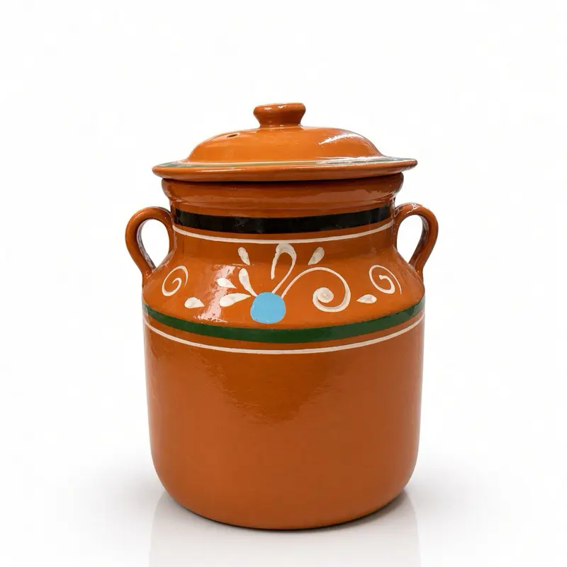 Food Safe Mexican Clay Bean Pot W/Lid, Olla De barro Frijolera Decorada Con Tapa, Cazuela Tradicional Large Cookware Traditional Classic, (1-1.25Gallon) (Olla Toluca) (Made In Mexico)