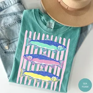 Comfort Colors Striped Trout T-Shirt, Preppy Fish Shirt, Summer Fishing Trip Tee, Whimsy Shirt, Trendy Girly Tee, Fish Stripes T-Shirt, Lake Days Shirt, Trout Fish Tee Gift for Her, Cotton Fabric