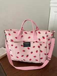 Strawberry Print Mom Bag, Fashionable Casual Bag, Multi-Pocket Shoulder Bag, Large Capacity Crossbody Backpack, Fits Tablet & Phone, Ideal for Outing, Work, School