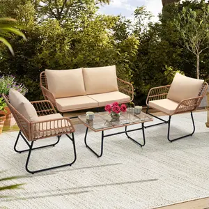 4 Piece Patio Bistro Outdoor Furniture Set, Wicker Sofa, 2 Rattan Chairs, and Table, Backyard Conversation Set, All Weather Cushions, Natural Rattan Beige Cushion ，outdoor furniture
