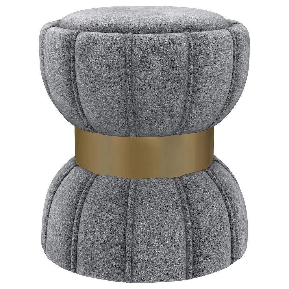 Sora Round Velvet Upholstered Ottoman - Modern Glam Indoor Stool, Hourglass Silhouette, Bright Gold Finish, Vertical Piping, Wide Band Highlighting, Compact Grey Extra Entertaining Seat