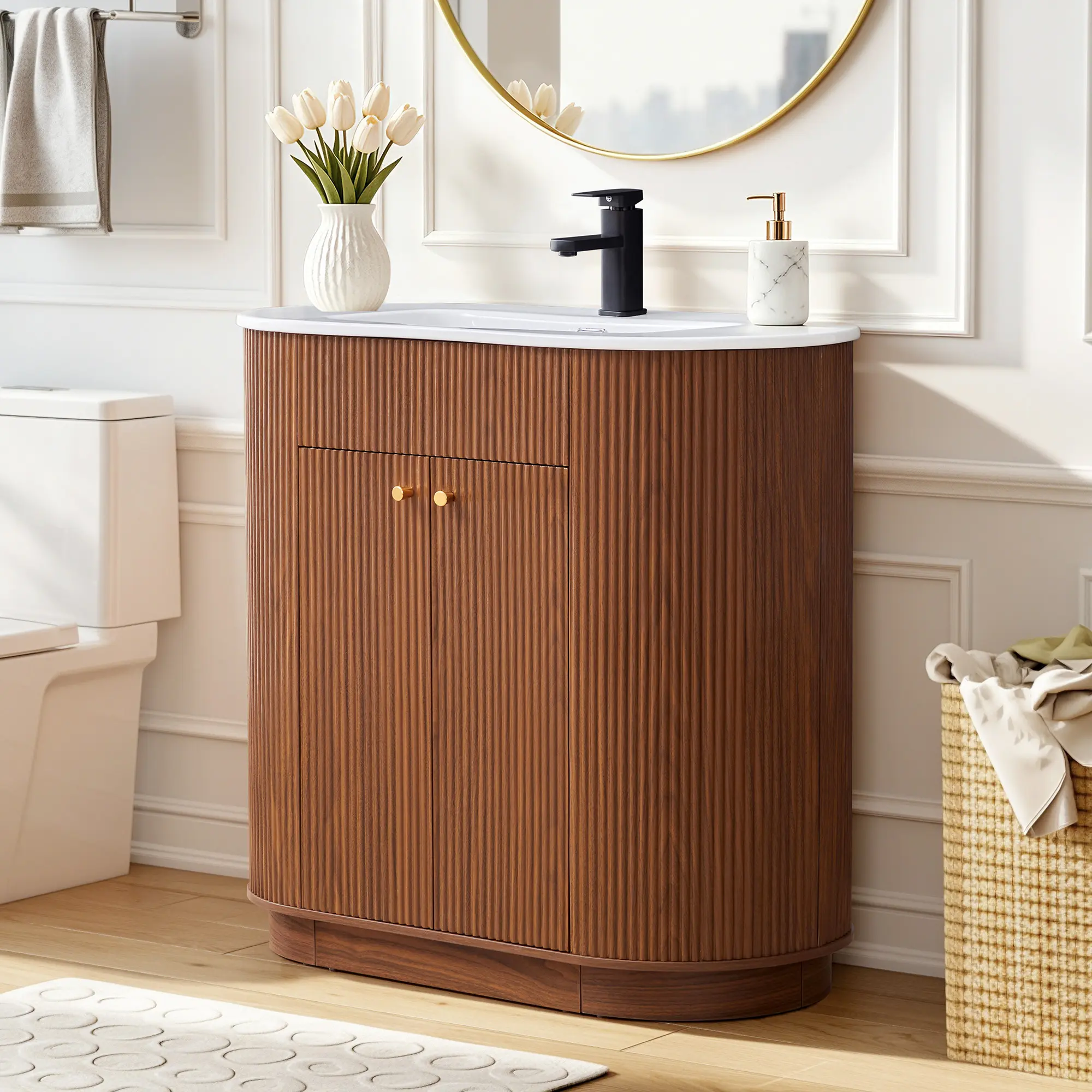 Giratree 36” Fluted Bathroom Vanity with Integrated Ceramic Single Sink | Freestanding Curved Modern Bathroom Storage Vanity Cabinet with Doors, Wood Grain Vanity with Metal Handle Cabinet