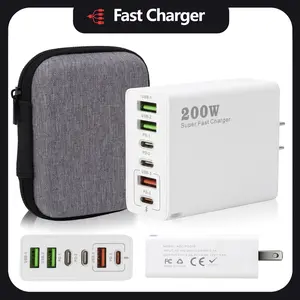 200W 6-Port Multi USB PD Fast Charger Wall Adapter, 3 USB-A + 3 Type-C Super Fast Charging Block Portable Travel Charger with Storage Bag for iPhone MacBook Android Laptop Tablet