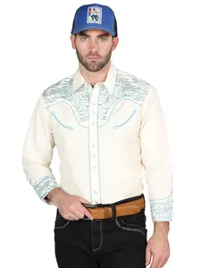 Men's Traditional Embroidered Western Shirt - Beige/Blue 44199