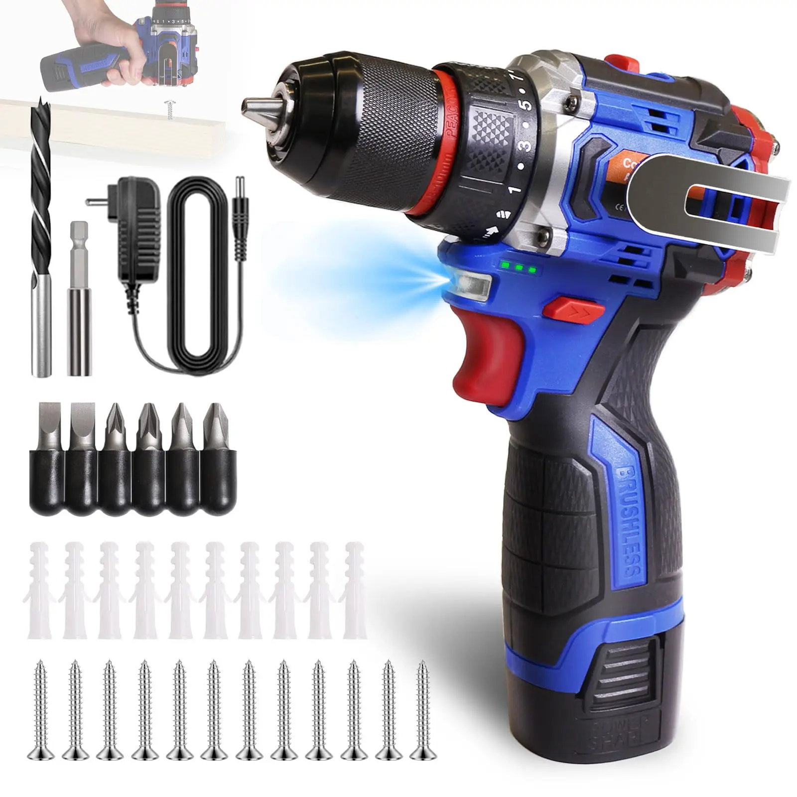 Fathers Day Gift Aspro 16.8V Brushless Cordless Drill Full Kit - 2-Speed, Keyless Chuck, LED, Battery & Charger, Portable, Heavy Duty Power Tool with Side Clip for DIY Users (Drilling & Screwing)