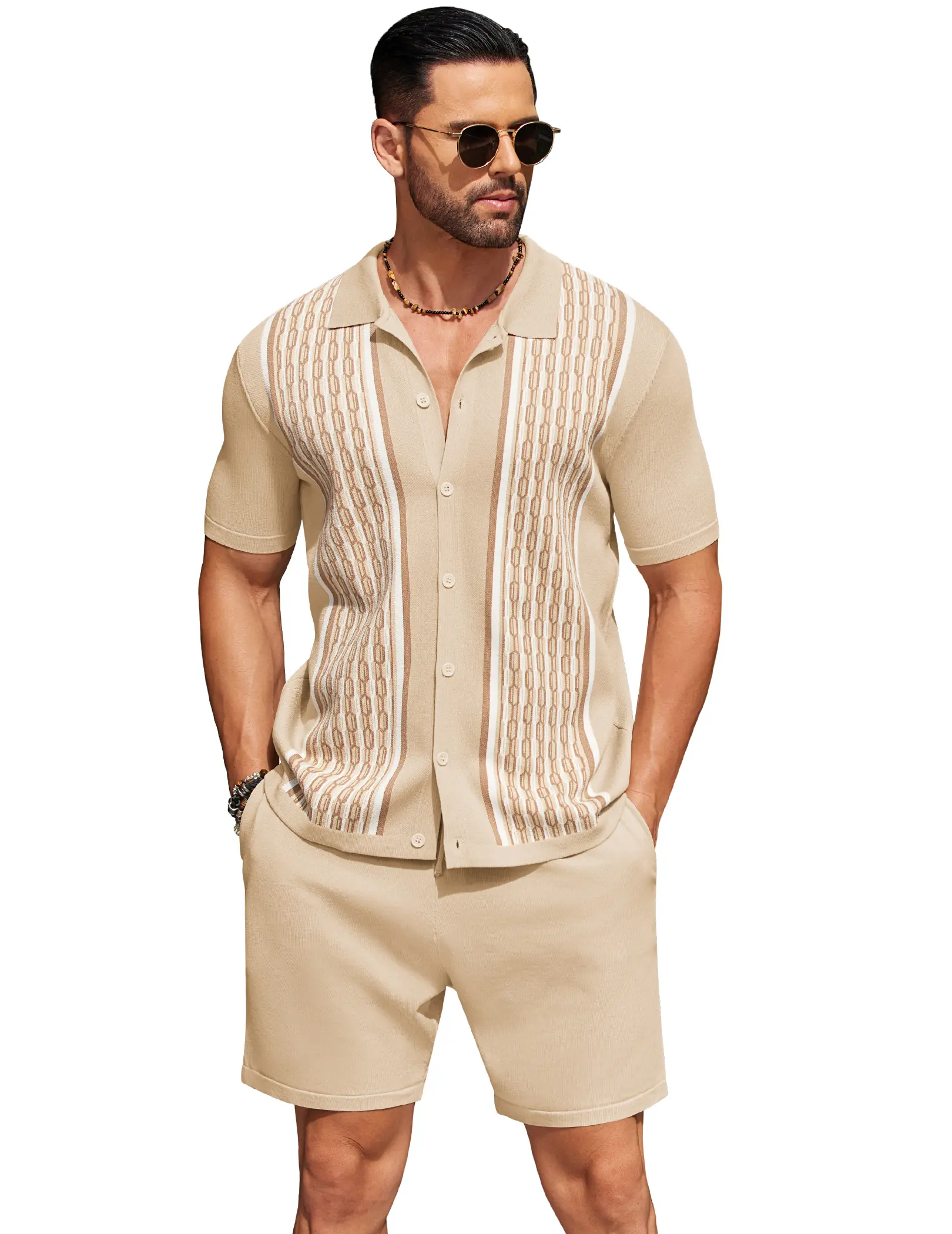 COOFANDY Men's 2 Piece Outfit Vintage Short Sleeve Button Down Knit Polo Shirts Casual Beach Shorts Sets
