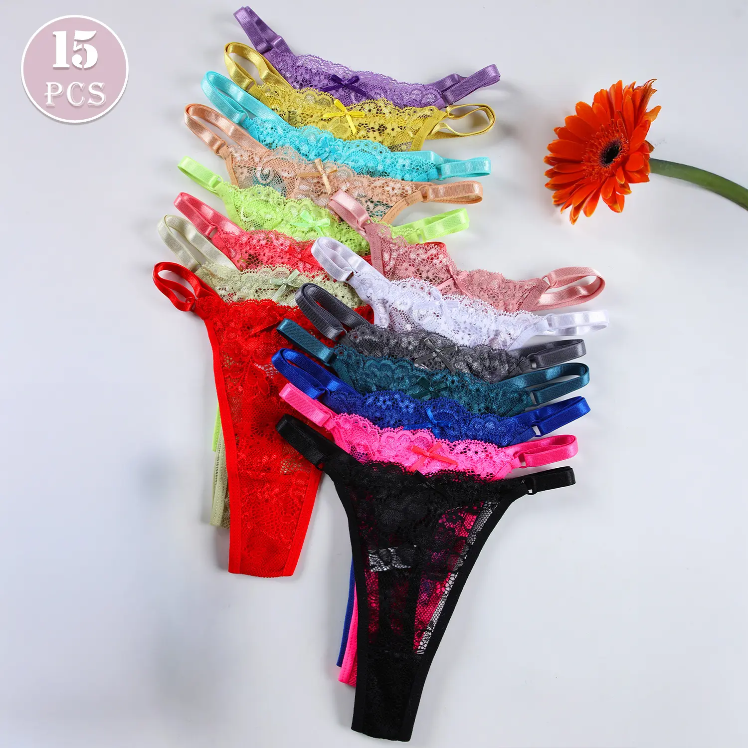 Women's 15-Pack Minimalist Floral Lace Thongs, No-Show G-Strings with Adjustable Straps, Breathable Sheer Lingerie for Skinny Jeans, Outfits, Clothes, Pajama, Satin, Sexy, Silky, Fabric, Hip, Flat, Hot Pink, Low Waist, Anti-Slip Buckles, Thin, Panties, Bo