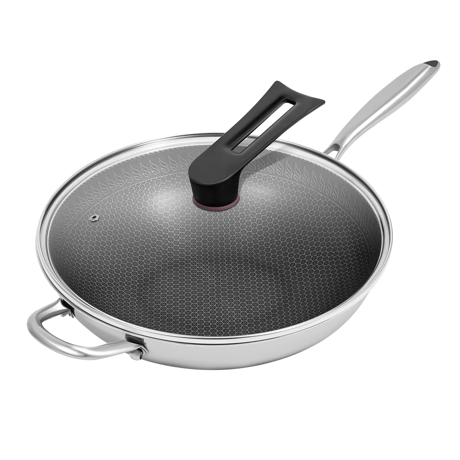 316 Stainless Steel Wok, Honeycomb Nonstick Stir Fry Pan with Glass Lid, 13.4 Inch Large Wok, Rapid Even Heat, for All Stovetops, Dishwasher Safe