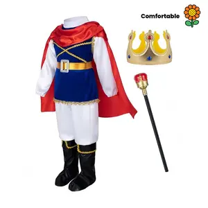 DZP-1pc Boys' Prince Charming Costume with Royal Crown & Scepter - Medieval King Outfit with Red Cape, Golden Belt & White Pants - All-Season Halloween, Birthday Party & Cosplay Dress-Up for Kids Boys (Easy Zipper Closure), Comfortable Fabric, Hand Wash C