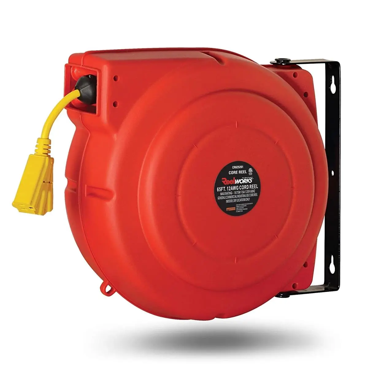 Reelworks Spring-Driven Retractable Extension Cable Reel - 65 ft 12 Gauge Wall-Mountable Polypropylene Impact-Resistant Plastic Cable, 19.8 lbs for Wall Installation & Workplace Use