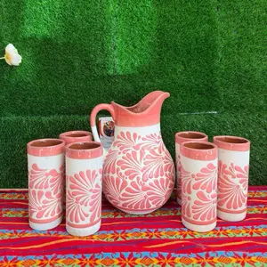 Relieve Pitcher Color Rosa Blanco Set Glass.