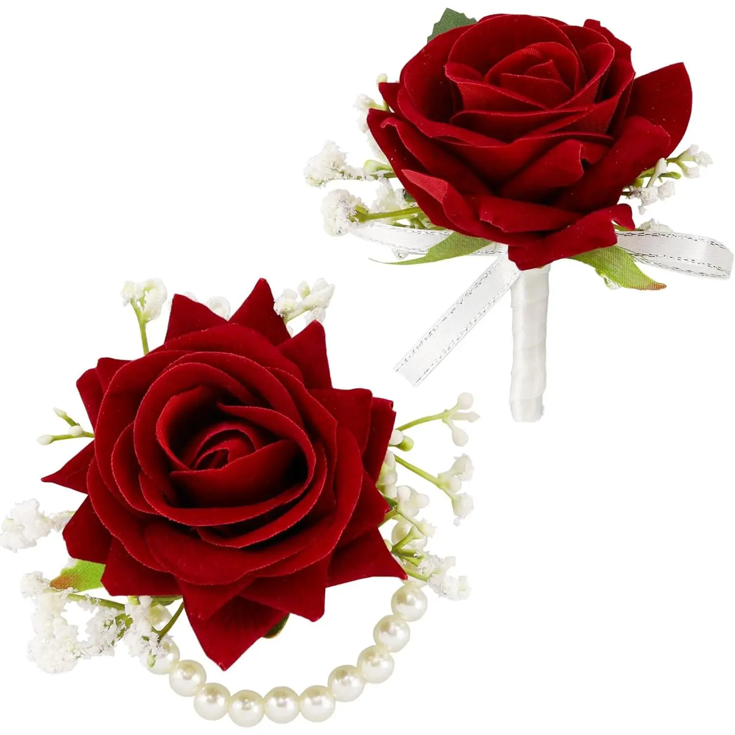 Red Rose Corsage & Boutonniere Set Pack, 2-Piece Handmade Silk Fabric with Rosemary for Partner, Formal Wedding, Prom Events, Funerals, Reusable Decor, Handmade Look, 100% Handmade, 2.7Inches X 2.7Inches