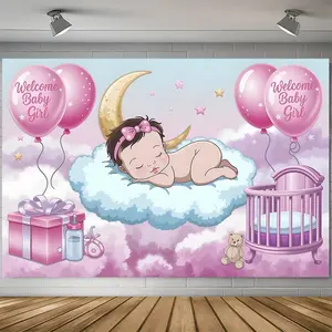 2D Flat,1pc Polyester Baby Girl Party Banner - Sweet Dream Nursery Decor with Balloons, Clouds & Stars, Perfect for Photo Backdrops, Home & Wall Decoration, All-Season Gift Idea, Baby Shower, Party Decorations Banners