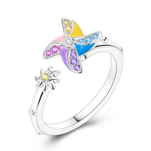 MULA Spinning Pinwheel Ring | Silver-plated, White Gold Plated, Zirconia & Enamel | Lucky Charm Design with Rotating Windmill | Perfect Gift for Positivity and Hope