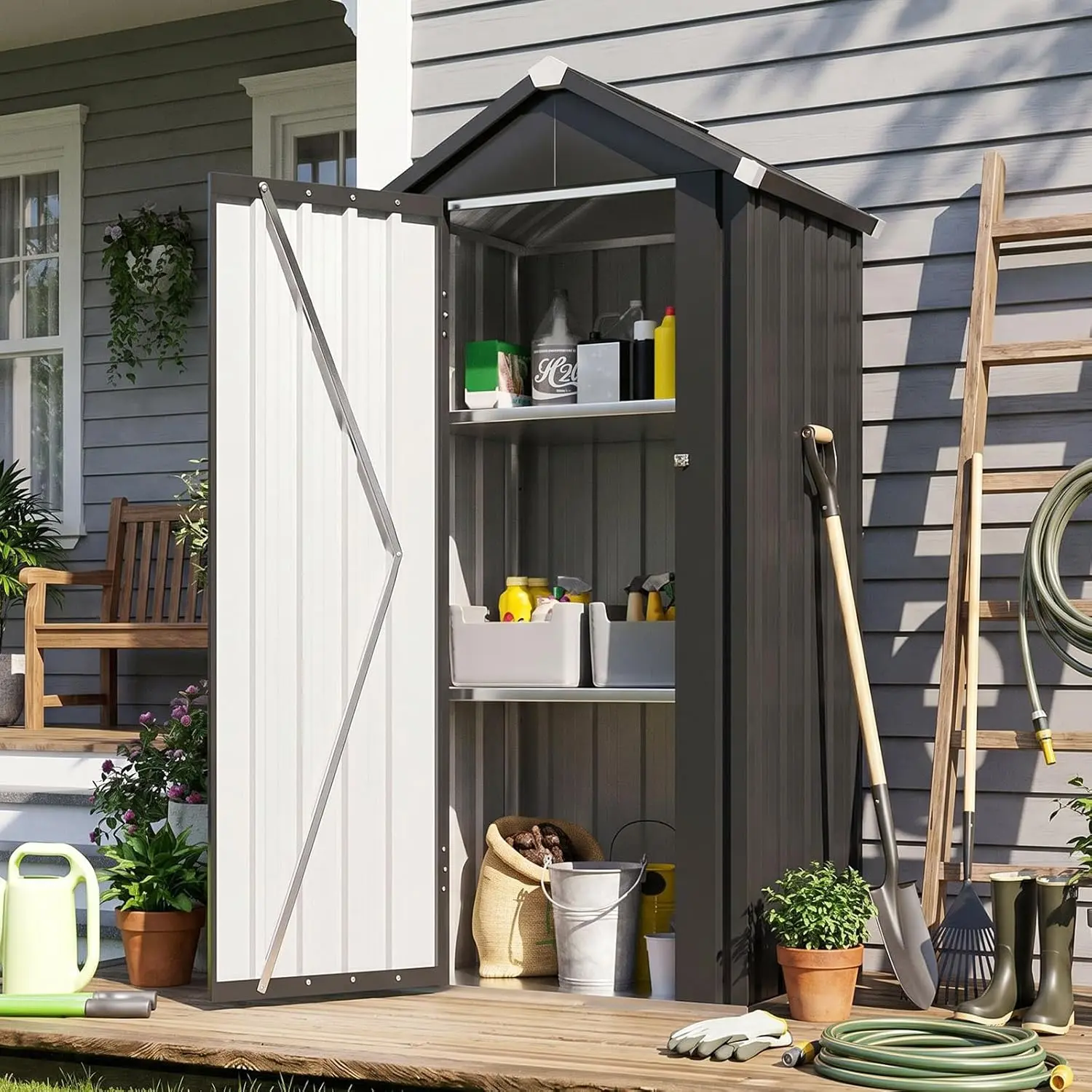 Jolydale Outdoor Storage Cabinet with Floor, Solid Garage Storage Cabinet with Adjustable Shelves, Metal Tool Storage Cabinet for Patio, Garden, Black