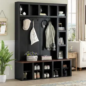 ARCH Farmhouse 4-in-1 Entryway Hall Tree with Bench & Shoe Storage, 6 Hooks, Adjustable Shelves, Storage Compartments, Customizable Interior, 13 Cubbies, 76.7" Tall Walnut-Black Indoor Cupboard for Mudroom, Hallway, Adjustable Shelves Cabinets, Storage Co