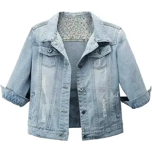2026 FASHION Women Autumn 3/4 Sleeve Retro Short Denim Jackets Light Blue Jean Coats Womenswear Fitted  Outerwear Ripped SpringStatements
