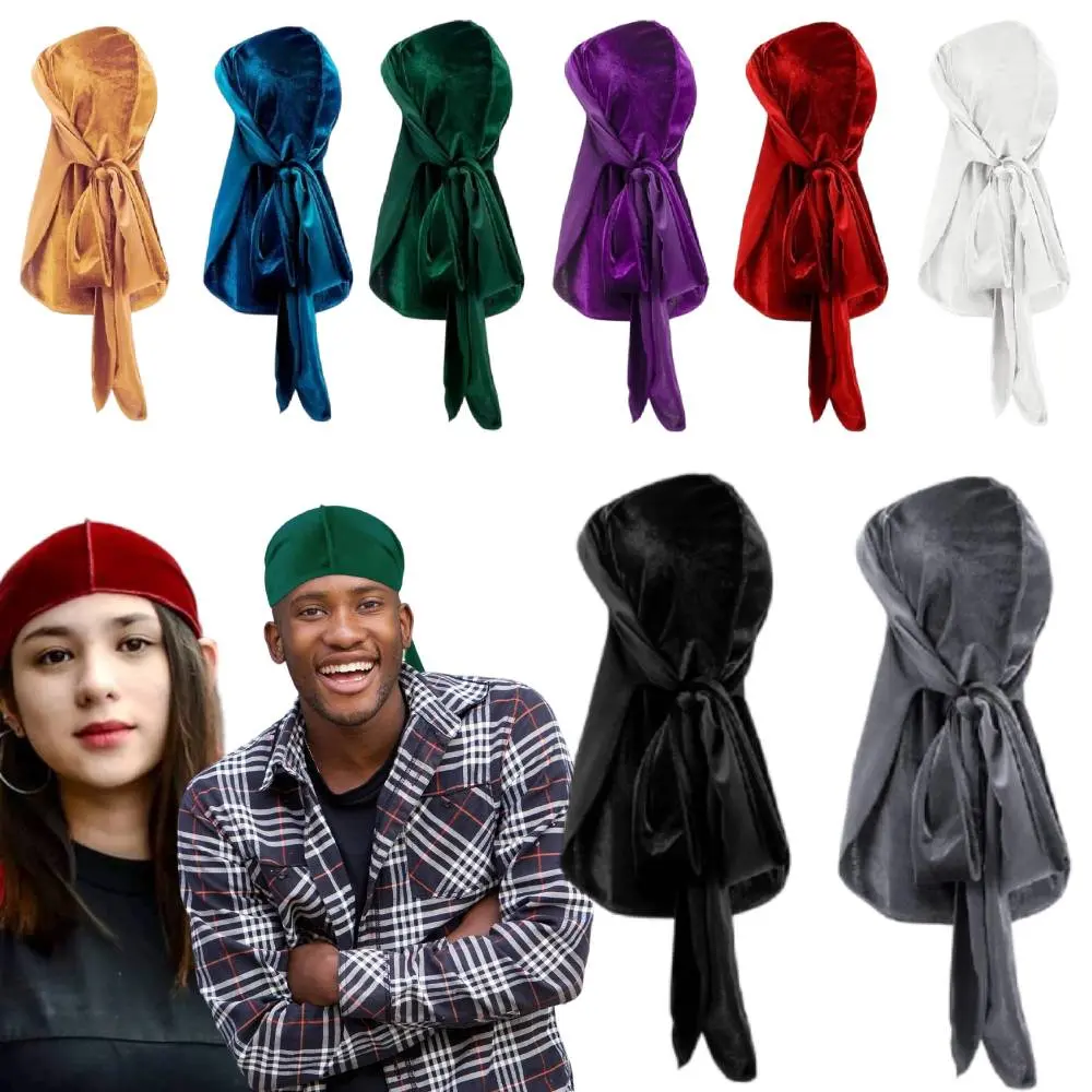 8-Piece Velvet Durags & Hair Caps, Stretchable Luxury Wave Caps with Long Tail, Wide Straps, Adjustable Fit for Men, Hair Cap