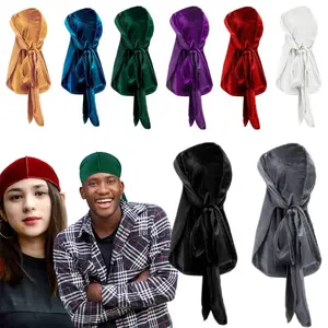 8 Pieces Velvet Durags Caps Stretchable Luxury Wave Cap with Long Tail and Wide Straps for Men Women