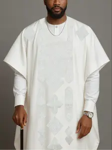 Men's New Agbada Dashiki Embroidered Three-Piece Set, Geometric Pattern, Button Front Shirt, Split Hem Blouse & Drawstring Pants