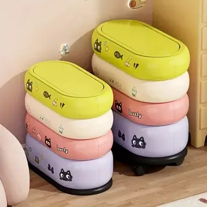 Cute & Kitten Rolling Trash Can with Press-To-Lock Lid, 2-Tier Step Trash Bin, Pastel Colors, Heavy-Duty Plastic, Kids' Room, Under Bed Storage, Home Trash Can