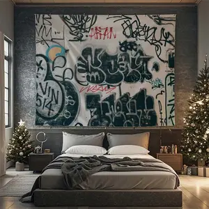 Black & White Graffiti Tapestry - Durable, Wrinkle-Resistant, Easy Hang Wall Art for Gamers' Bedroom, Dorm Decor chill room accessories Decoration Decorative Cotton Hanging Lightweight Linen