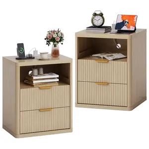 Garvee Fluted Nightstand Set of 2 with Charging Station, Bedside Table with 2 Drawers & Open Storage Space, Metal Handles & Rounded Corners for Safety, Side Tables, End Table Bedroom