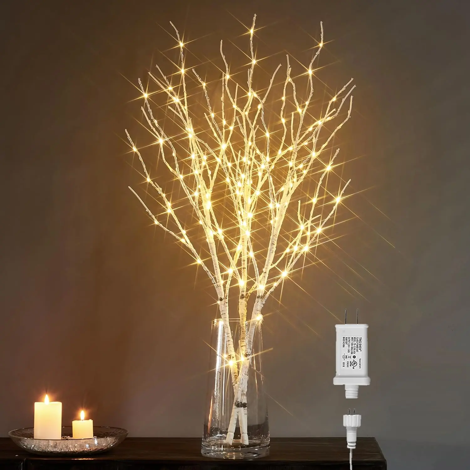 30in Classic Lighted White Wood Birch Twig Lights Plug-in Set - 150 LED, Timer Control, Dimmer & Controller, Adjustable Bark Texture Artificial Ornaments for Indoor Christmas Fireplace Decor, Soft Glow DIY Supplies, Mood Light