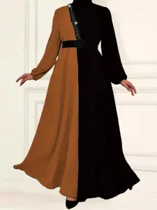 Women's Colorblock Arabian Dress, Modest Round Neck Long Sleeve Dress for Daily Wear, Ladies Clothes for All Seasons, Muslim Women Gowns