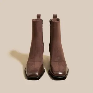 Women'S Chunky Heel Ankle Boots - Square Toe Zipper Closure, Brown Fabric Upper & Rubber Sole, Retro Style Versatile Boots for Fall/Winter, Comfortable Fabric Lining, Durable Rubber Outsole, Winter Footwear, Trendy Footwear, Sturdy Construction
