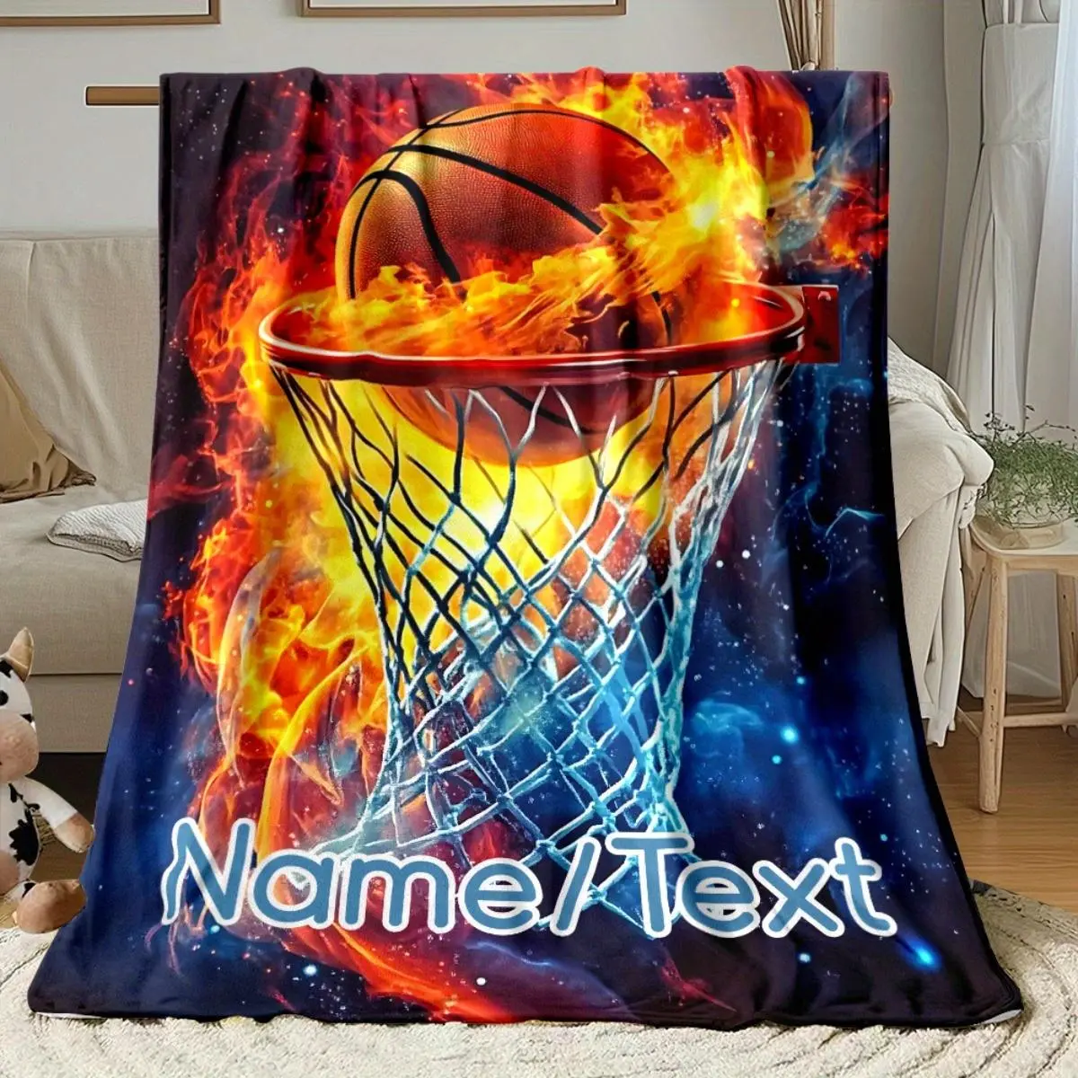 [Basketball Flame Blanket] Personalized Basketball Flame Shooting Blanket - Custom Text/Name, Soft Sports Decor - Lightweight All-Season Blanket for Home, Travel, Camping - Must-Have for Basketball Fans' Bedrooms, Living Rooms, Offices