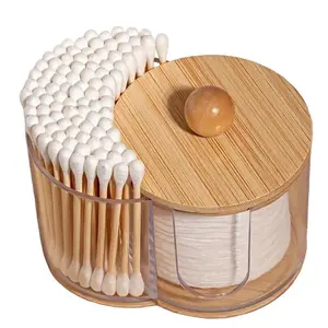 Transparent Cotton Swab & Makeup Pad Storage Box, Makeup Tool Organizer, Wooden Lid Design, Dual Compartment, Bathroom Space Saving Solution