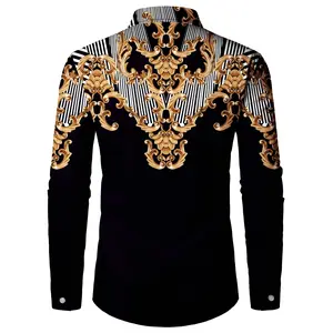 Vintage Pattern Men's Color Block Long Sleeve Button Up Shirt, Spring Fall Banquet Occasions