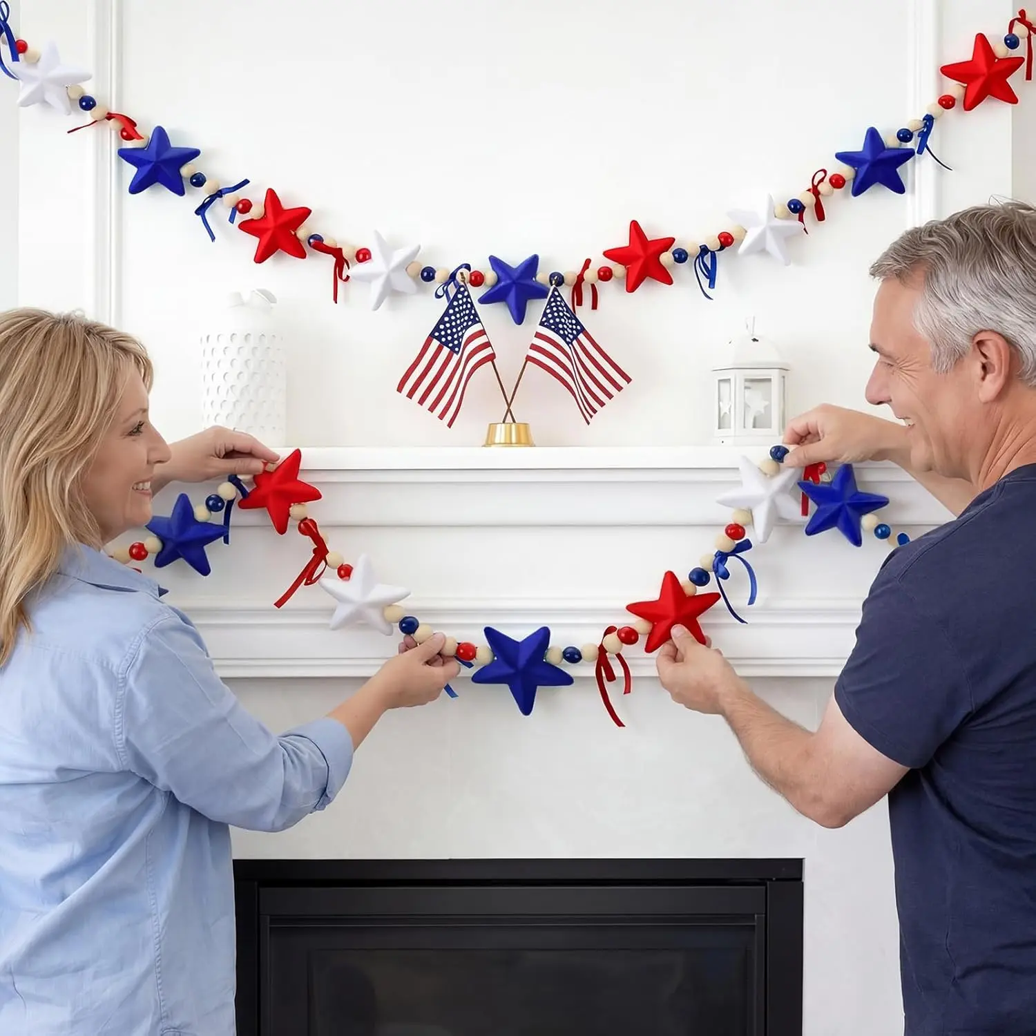 Red White and Blue Patriotic Garland Mantle Decor, 4.92ft Velvet Star Banner with Wooden Beads for Fireplace Wall Window Front Porch Backdrop Decor Summer Party Decor Independence Day USA Home Decor