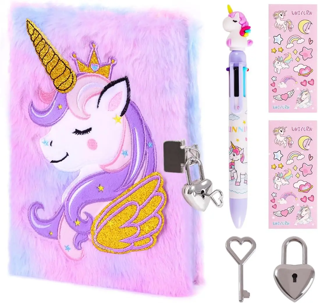 Cutesy Unicorn Locked Diary for 6-8 Year Old Girls - Halloween Fall Office Stationery Gift Set, Fluffy Plush Cute Notebook with 160 Pages, Colored Cartoon Style Stickers for Secret Writing & Drawing