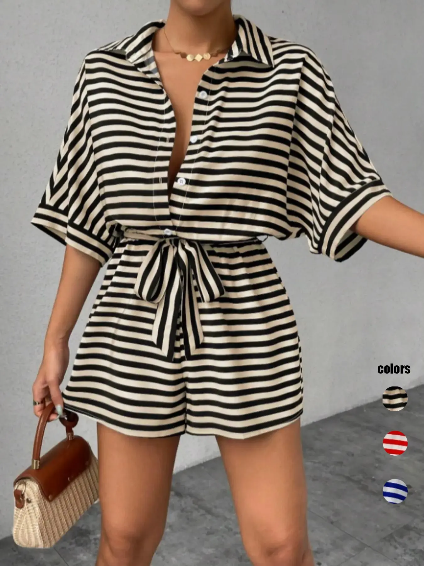 Women's Striped Print Batwing Sleeve Romper, Belted Striped Romper, Casual Loose Button-Front Romper for Summer, Fashion Women's Clothes for Daily Wear, Womenswear