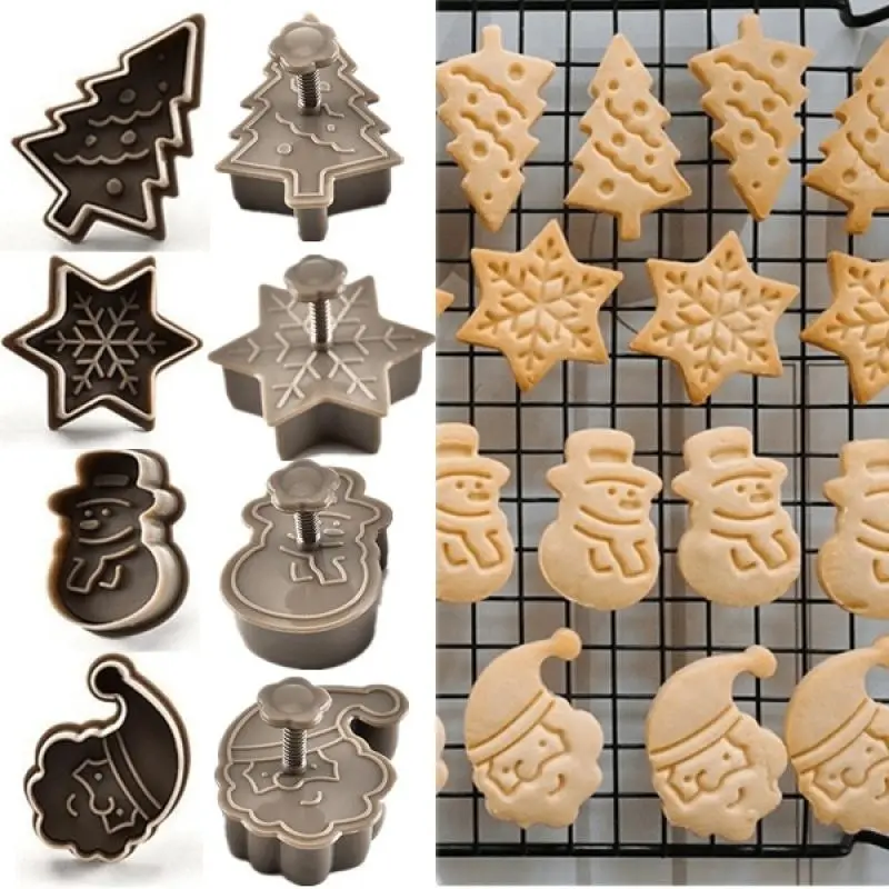 4pcs Durable Plastic Cookie Cutter Bakeware Set - Christmas Set with 4 Styles (Snowman, Snowflake, Tree, Santa Claus), Easy to Use Cake Tools for Holiday Baking Perfect Shapes, Four Styles