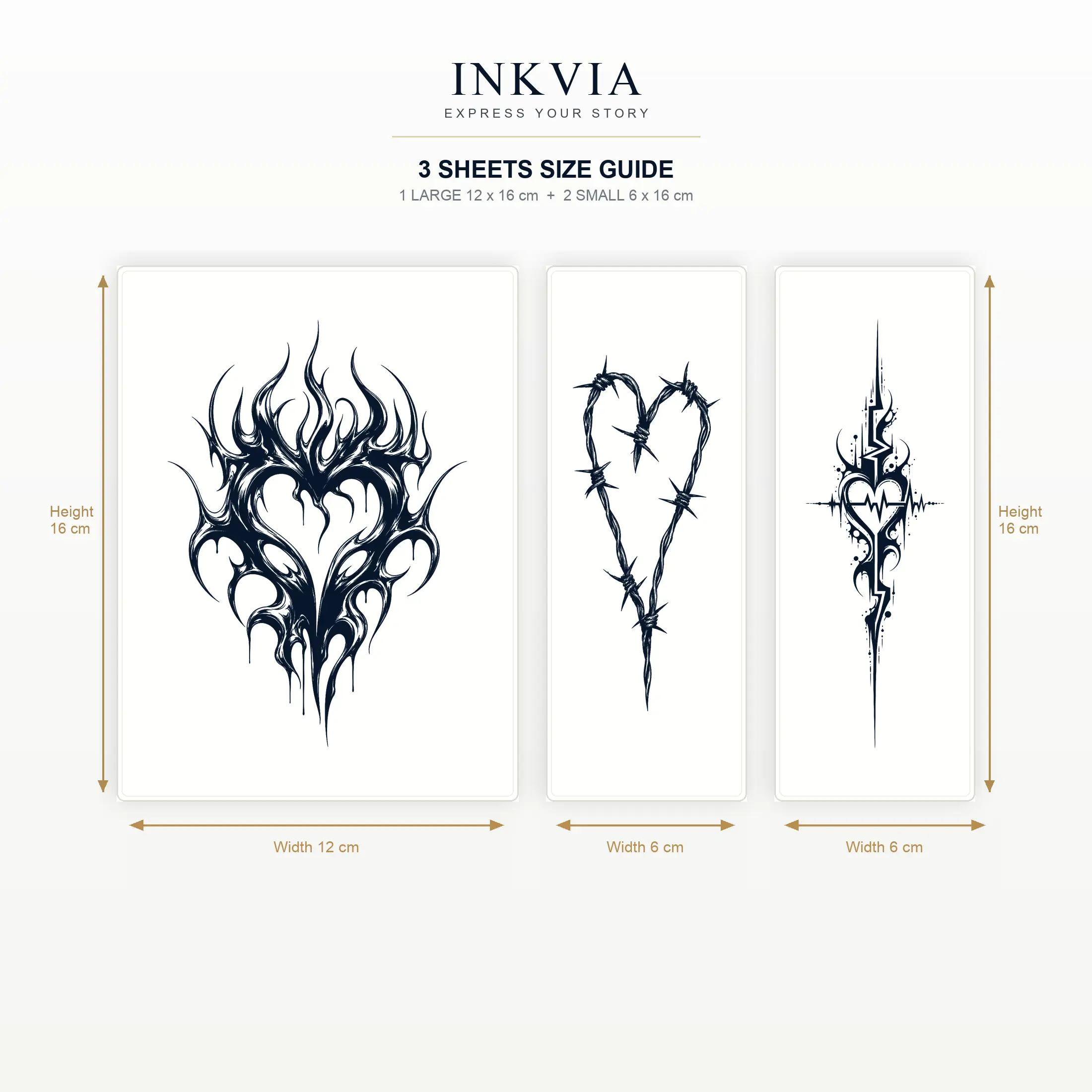 INKVIA 3 Sheets Semi-Permanent Tattoo Stickers, Dark Gothic Heart Temporary Tattoos, 1 Large + 2 Small Designs, Festival Party Body Art