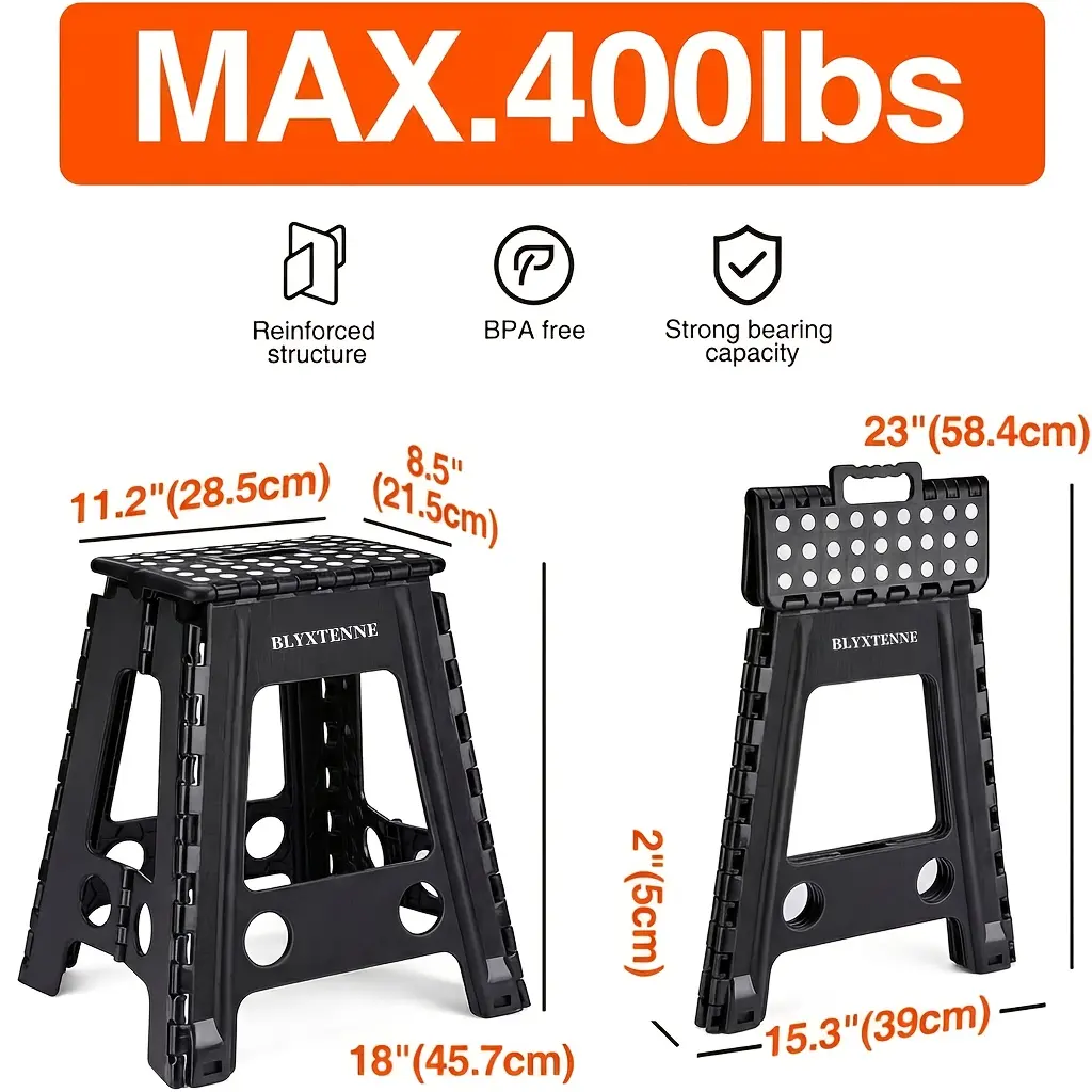 BLYXTENNE 18 in Modern Armless Folding Step Stool with Handle - Black and White Portable Collapsible Small Plastic Stool for Adults, Ideal for Kitchen, Bathroom
