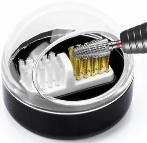 Nail Art Cleaner Tool Case with Steel Wire Brush and Nylon Brush for Cleaning Carbide/Ceramic Nail Drill Bits, Anti-splash Design, Removable, Washable, Clear Cover + Black Base