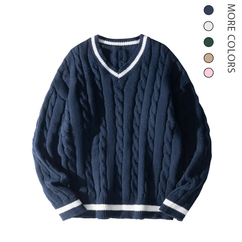 #Springfresh Men's V-Neck Striped Knitwear - Thick Warm Polyester Menswear, Oversized Loose Long Sleeve Streetwear, Casual College Style Unisex Men's Clothing, Sweater