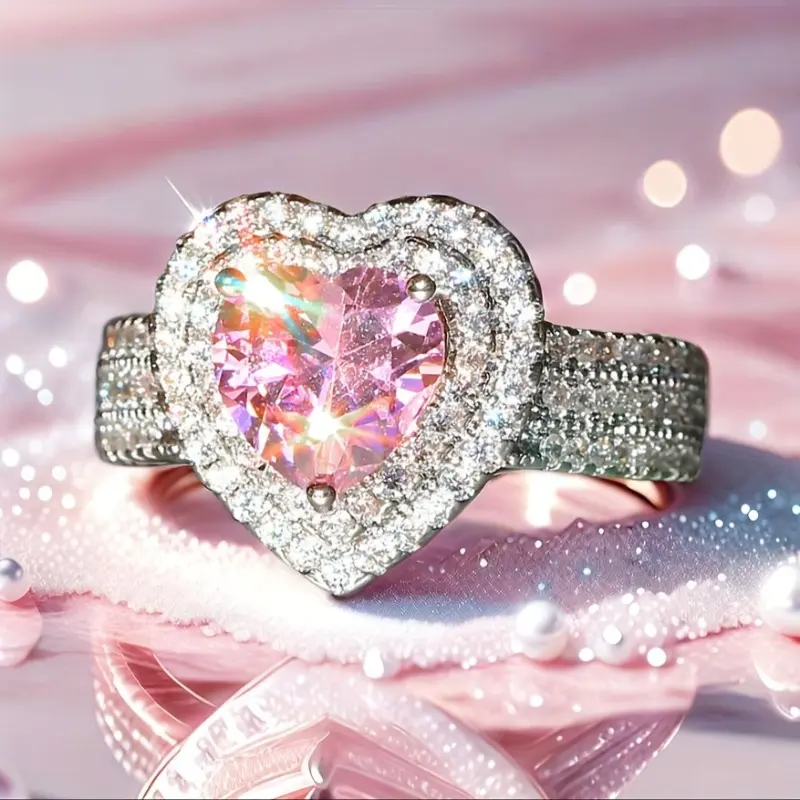 gorgeous Luxury Pink Heart Shaped Zirconia Ring Romantic Anniversary Gift Sparkly Delicate Wedding Engagement Jewelry Accessories For Women