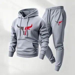 Men's 2-Piece Bull Printed Tracksuit - Long-Sleeve Hooded Jacket & Drawstring Sweatpants Set, Casual Athletic Sportswear for Fall Winter Daily Athleisure