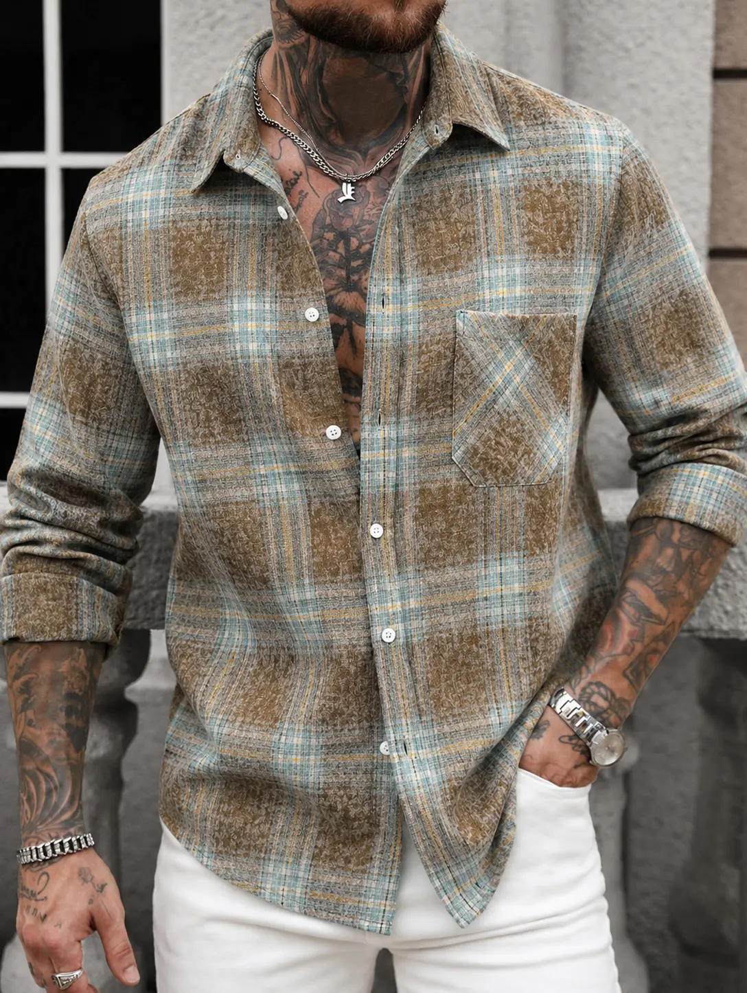Men's Long Sleeve Plaid Button Up Shirt Casual Checkered Collared Shirt with Chest Pocket Lightweight Breathable Shirt for Work Daily Travel
