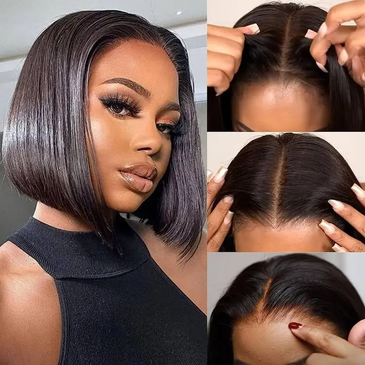 Wear and Go 7x5 Glueless Bob Wig Human Hair Pre Plucked Pre Cut 180% Density 7x4 HD Transparent Lace Front Wigs Human Hair for Black Women Straight Short Bob Style Wigs No Glue Lace Closure Wigs