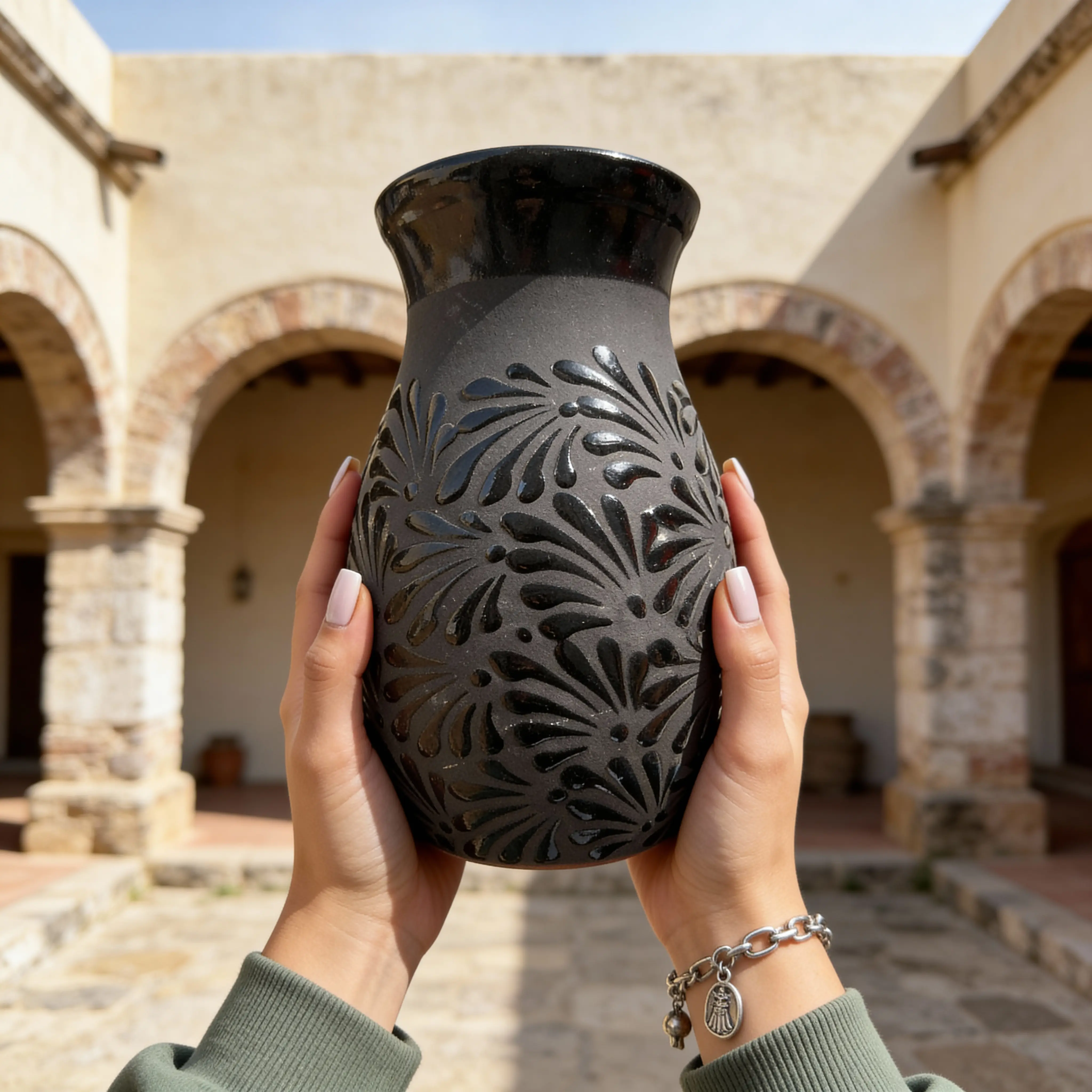 Hand-Painted Traditional Mexican Barro Flower Vase - Black Floral Design, Intricate Swirl Patterns, Talavera-Inspired Matte Finish, Lightweight Artwork for Home Decor, Glossy Accents